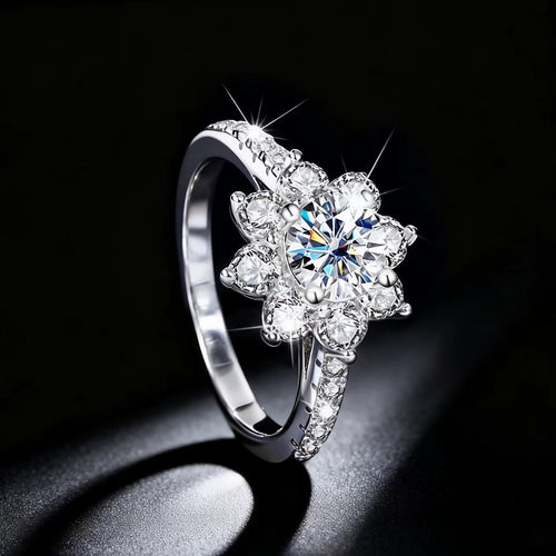 1CT | 2CT VVS D Color Flower Halo Round Cut Moissanite Engagement Ring